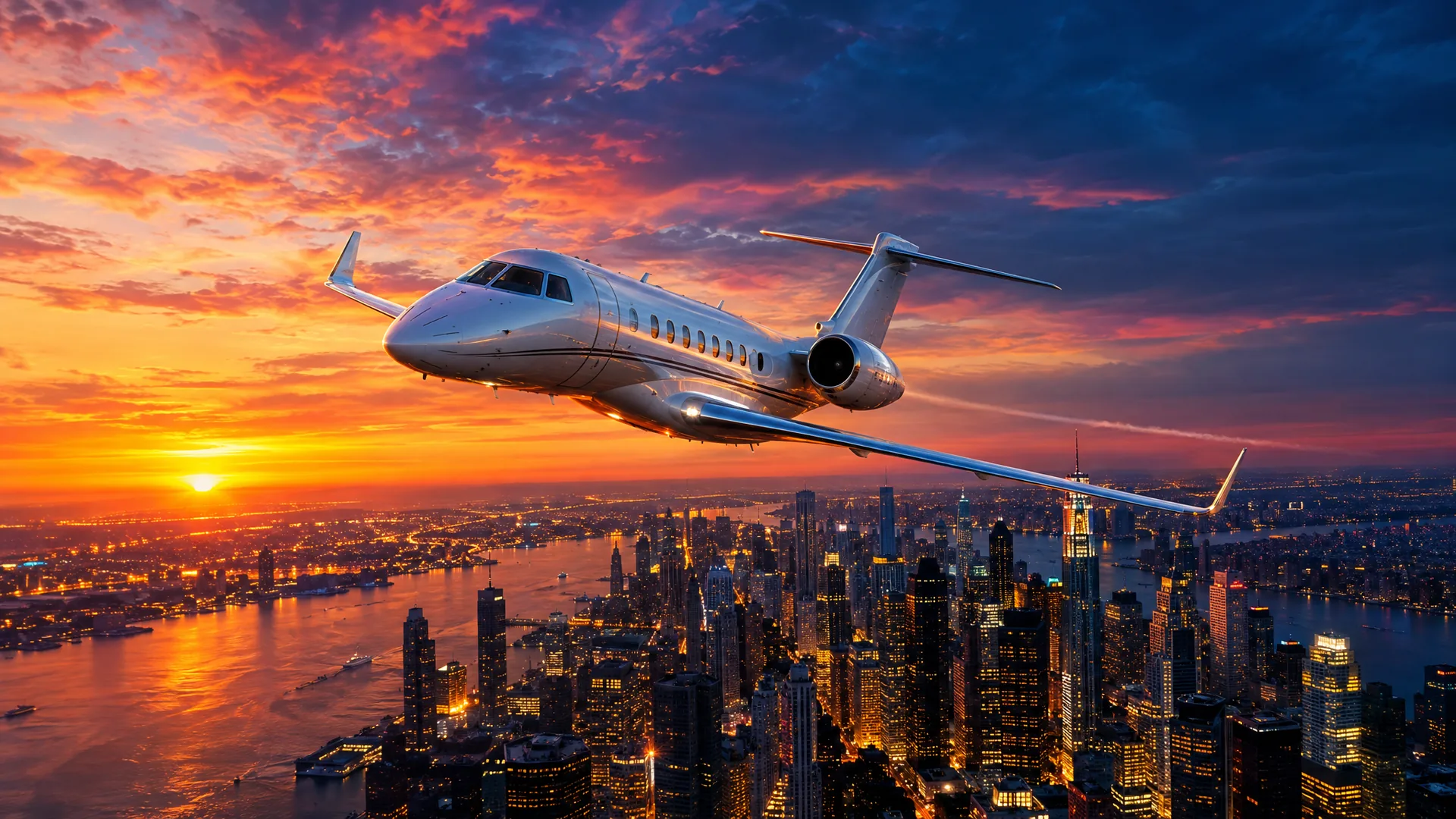 Jet privado sobre la ciudad al atardecer