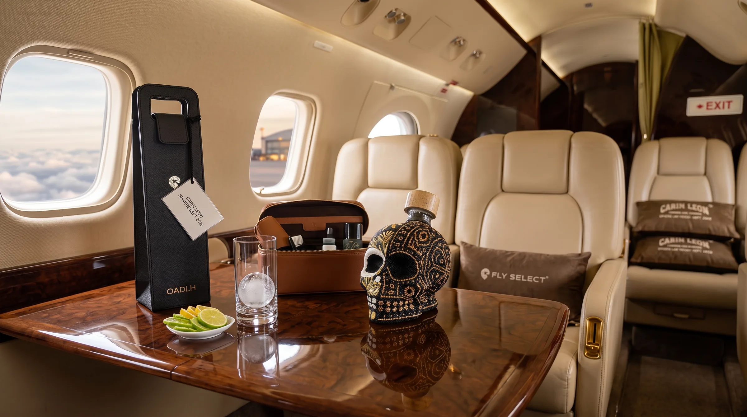 Tags personalizados con iniciales y calavera en cabina Fly Select