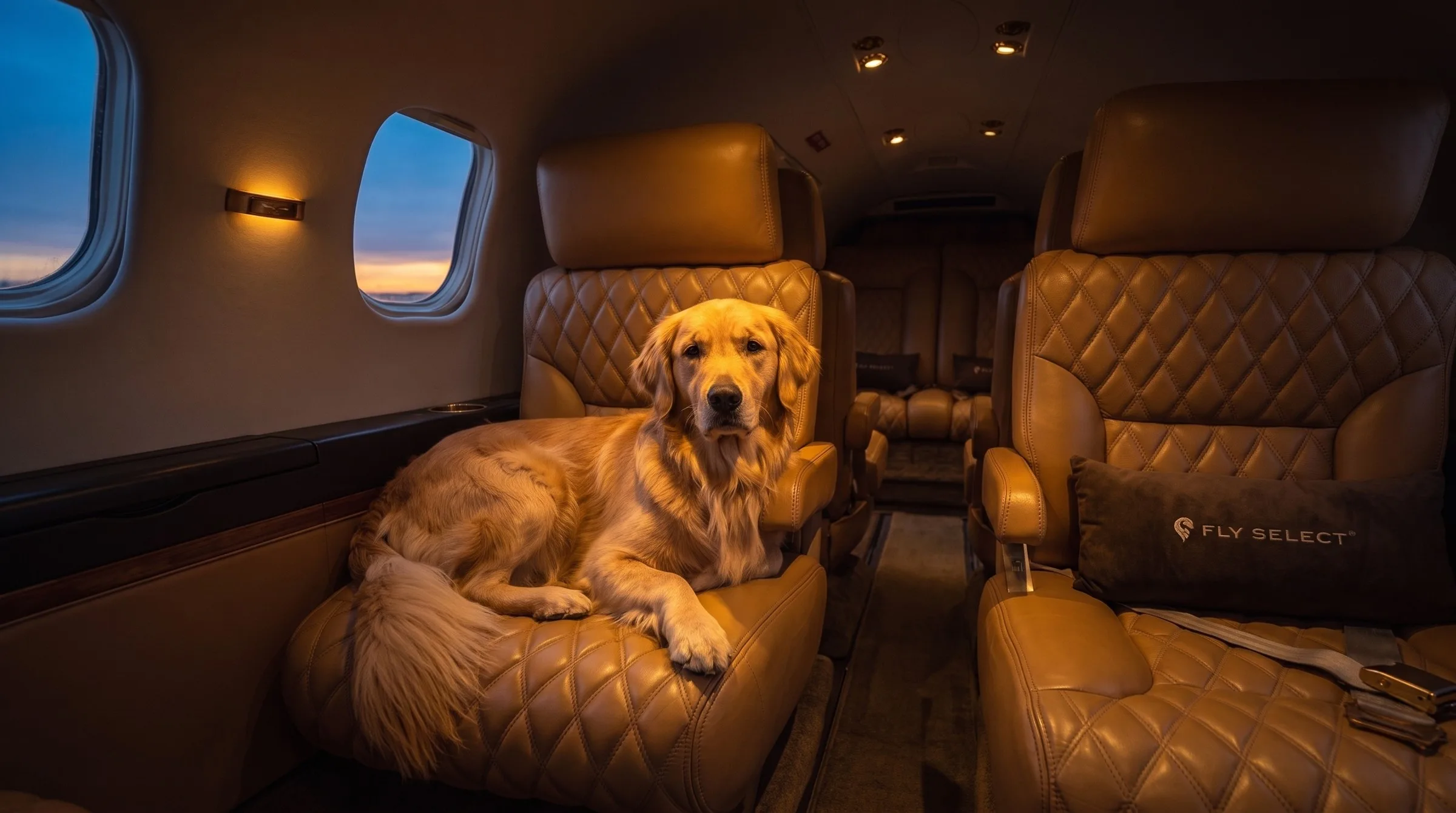 Perro descansando en la cabina de un jet privado al anochecer