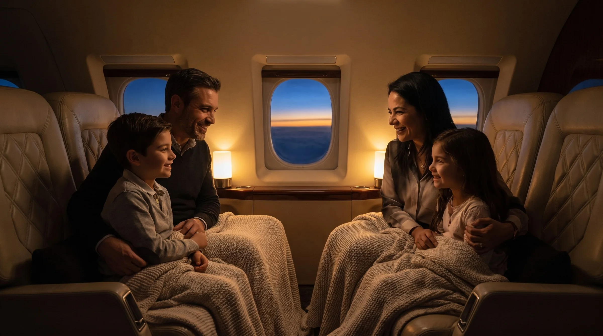 Familia viajando junta en la cabina de un jet al anochecer